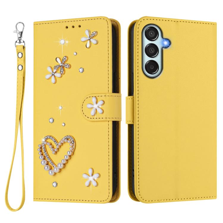 For Samsung Galaxy M35 5G ZS01 Double-Layer Heart Floral Vegan Leather Phone Case with Wrist Strap