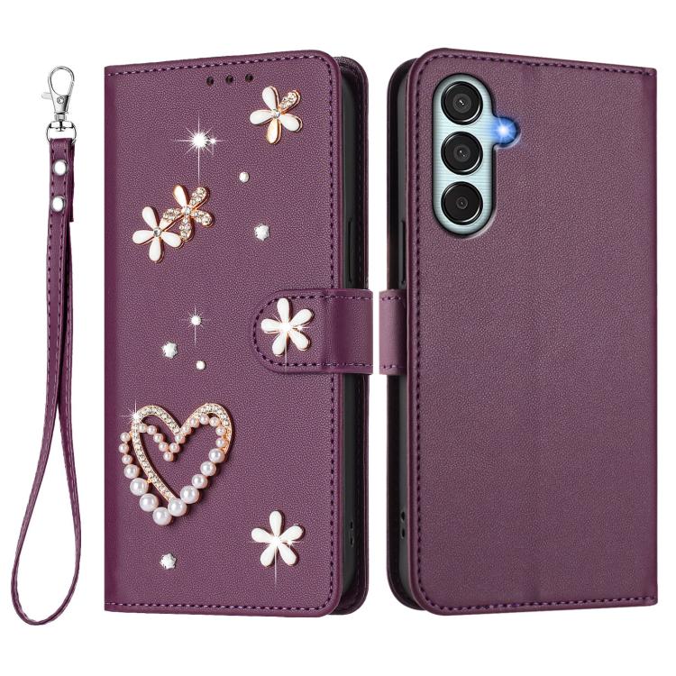 For Samsung Galaxy M35 5G ZS01 Double-Layer Heart Floral Vegan Leather Phone Case with Wrist Strap