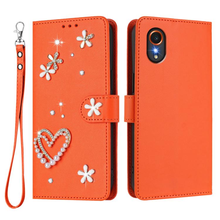For Samsung Galaxy XCover7 ZS01 Double-Layer Heart Floral Vegan Leather Phone Case with Wrist Strap