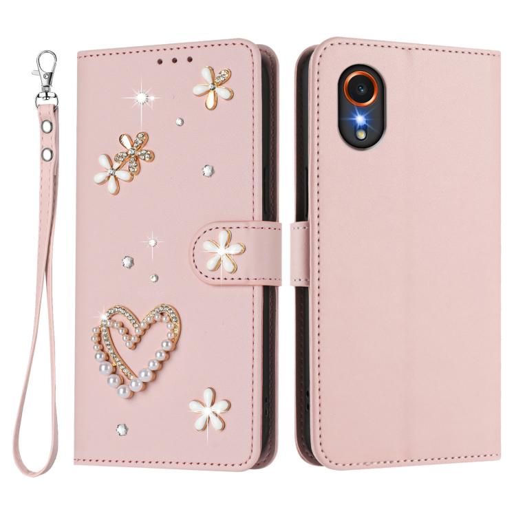 For Samsung Galaxy XCover7 ZS01 Double-Layer Heart Floral Vegan Leather Phone Case with Wrist Strap
