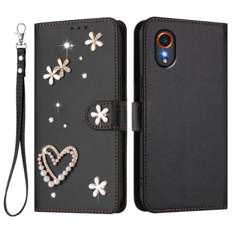 For Samsung Galaxy XCover7 ZS01 Double-Layer Heart Floral Vegan Leather Phone Case with Wrist Strap