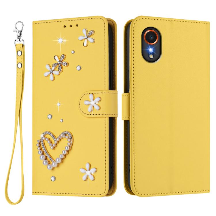 For Samsung Galaxy XCover7 ZS01 Double-Layer Heart Floral Vegan Leather Phone Case with Wrist Strap