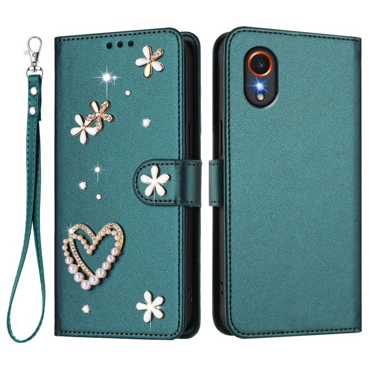 For Samsung Galaxy XCover7 ZS01 Double-Layer Heart Floral Vegan Leather Phone Case with Wrist Strap
