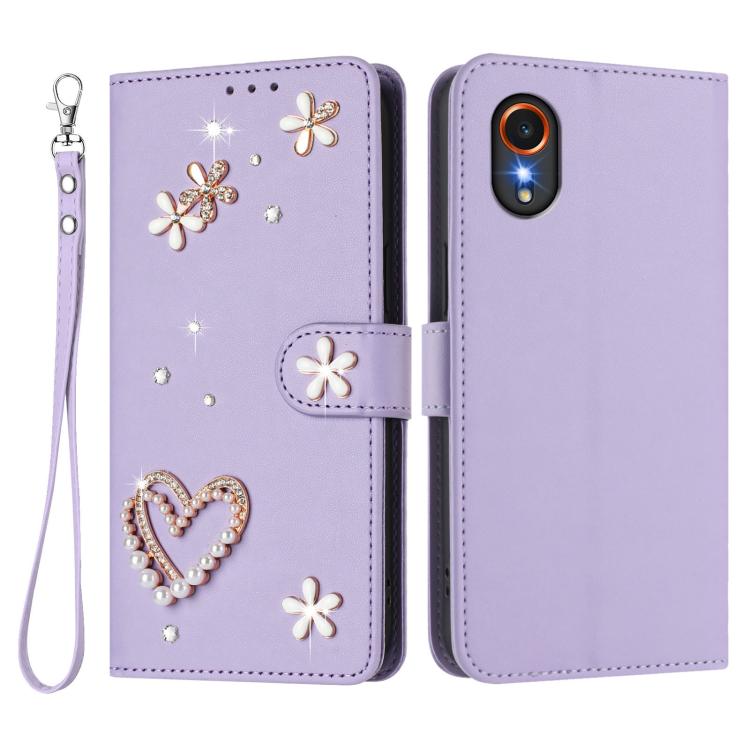 For Samsung Galaxy XCover7 ZS01 Double-Layer Heart Floral Vegan Leather Phone Case with Wrist Strap