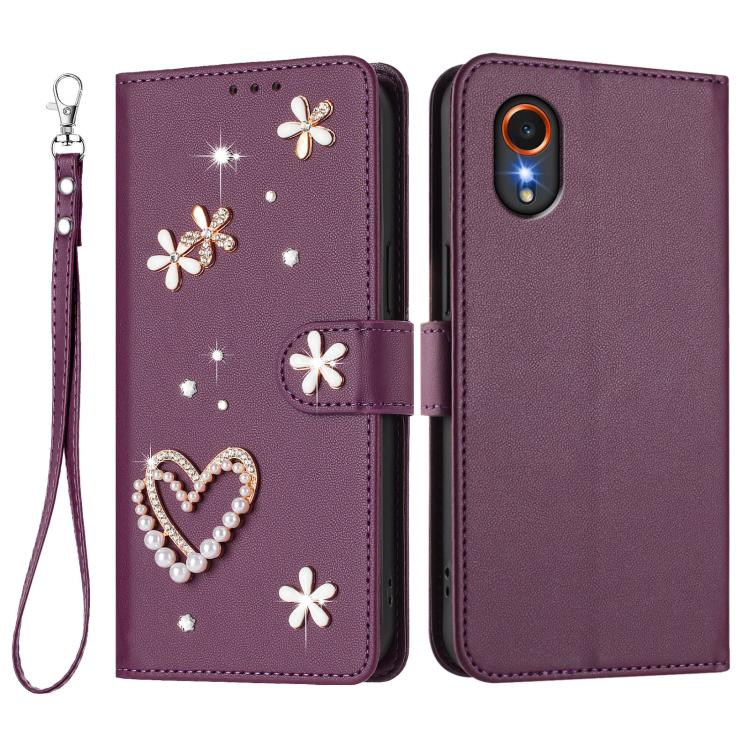 For Samsung Galaxy XCover7 ZS01 Double-Layer Heart Floral Vegan Leather Phone Case with Wrist Strap