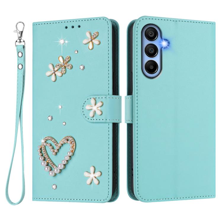 For Samsung Galaxy A15 5G / 4G ZS01 Double-Layer Heart Floral Vegan Leather Phone Case with Wrist Strap