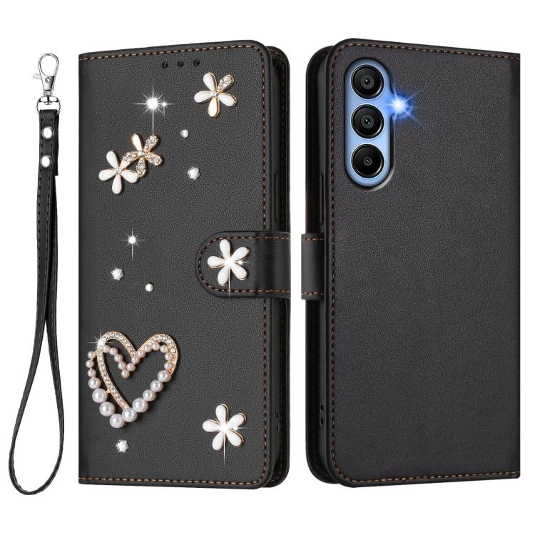 For Samsung Galaxy A15 5G / 4G ZS01 Double-Layer Heart Floral Vegan Leather Phone Case with Wrist Strap