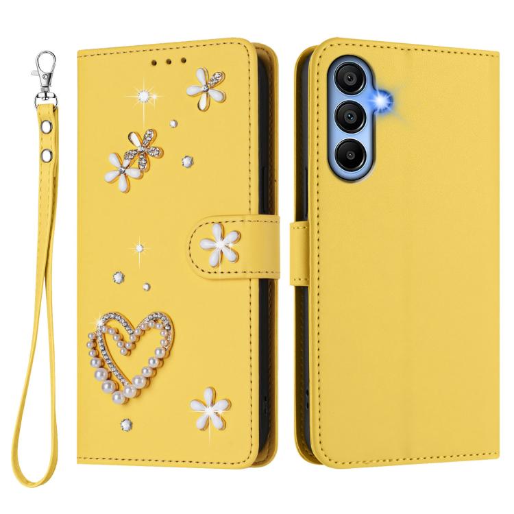 For Samsung Galaxy A15 5G / 4G ZS01 Double-Layer Heart Floral Vegan Leather Phone Case with Wrist Strap