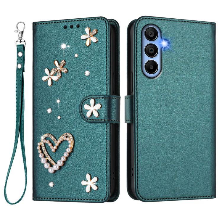 For Samsung Galaxy A15 5G / 4G ZS01 Double-Layer Heart Floral Vegan Leather Phone Case with Wrist Strap