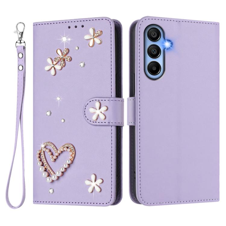 For Samsung Galaxy A15 5G / 4G ZS01 Double-Layer Heart Floral Vegan Leather Phone Case with Wrist Strap