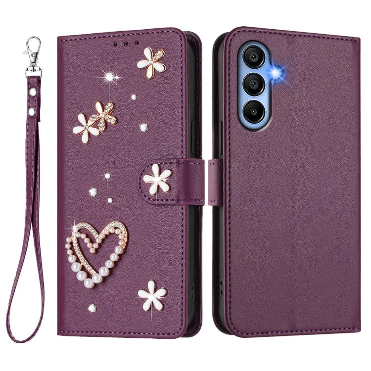For Samsung Galaxy A15 5G / 4G ZS01 Double-Layer Heart Floral Vegan Leather Phone Case with Wrist Strap