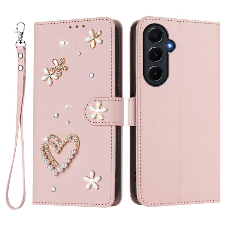 For Samsung Galaxy A55 5G ZS01 Double-Layer Heart Floral Vegan Leather Phone Case with Wrist Strap