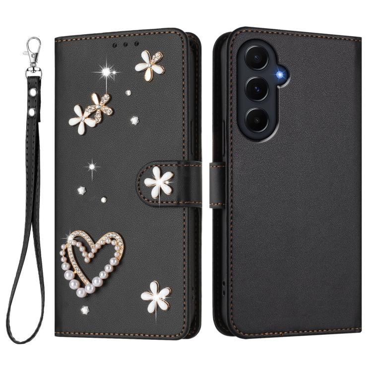 For Samsung Galaxy A55 5G ZS01 Double-Layer Heart Floral Vegan Leather Phone Case with Wrist Strap