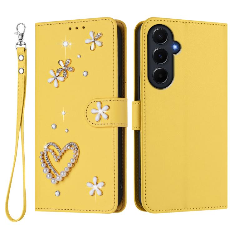 For Samsung Galaxy A55 5G ZS01 Double-Layer Heart Floral Vegan Leather Phone Case with Wrist Strap
