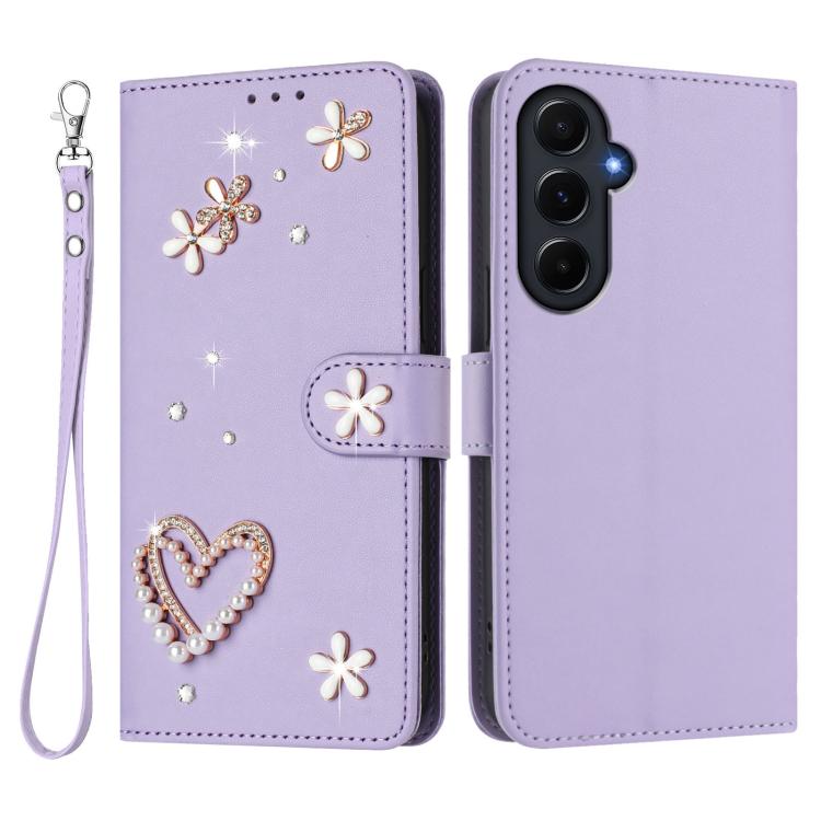 For Samsung Galaxy A55 5G ZS01 Double-Layer Heart Floral Vegan Leather Phone Case with Wrist Strap
