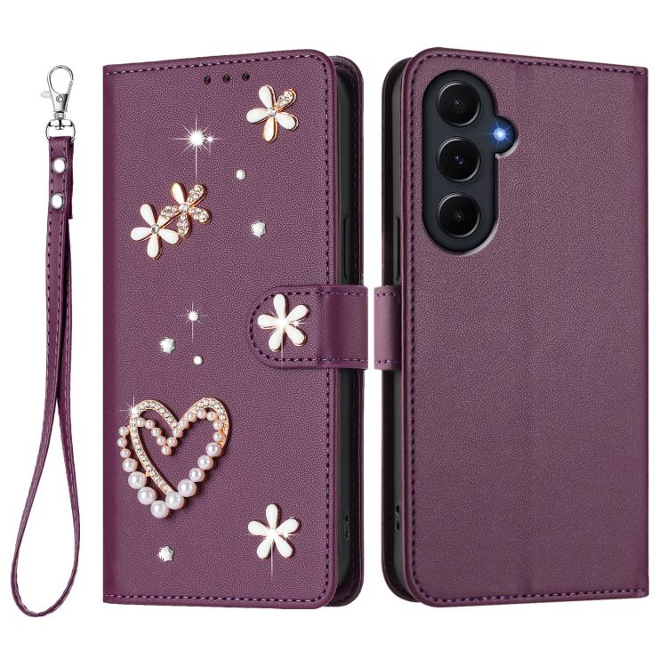 For Samsung Galaxy A55 5G ZS01 Double-Layer Heart Floral Vegan Leather Phone Case with Wrist Strap