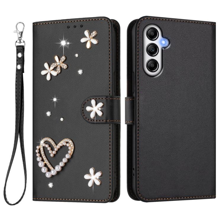 For Samsung Galaxy A35 5G ZS01 Double-Layer Heart Floral Vegan Leather Phone Case with Wrist Strap