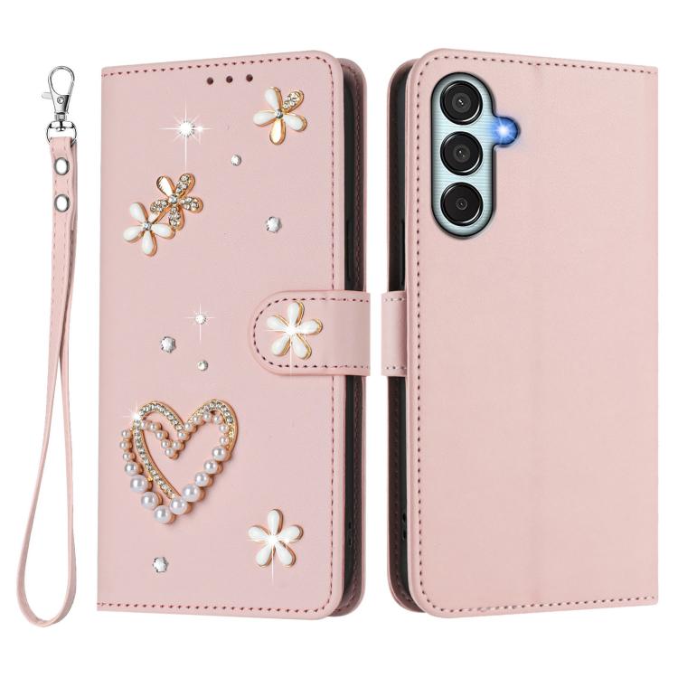 For Samsung Galaxy M34 5G / F34 5G ZS01 Double-Layer Heart Floral Vegan Leather Phone Case with Wrist Strap