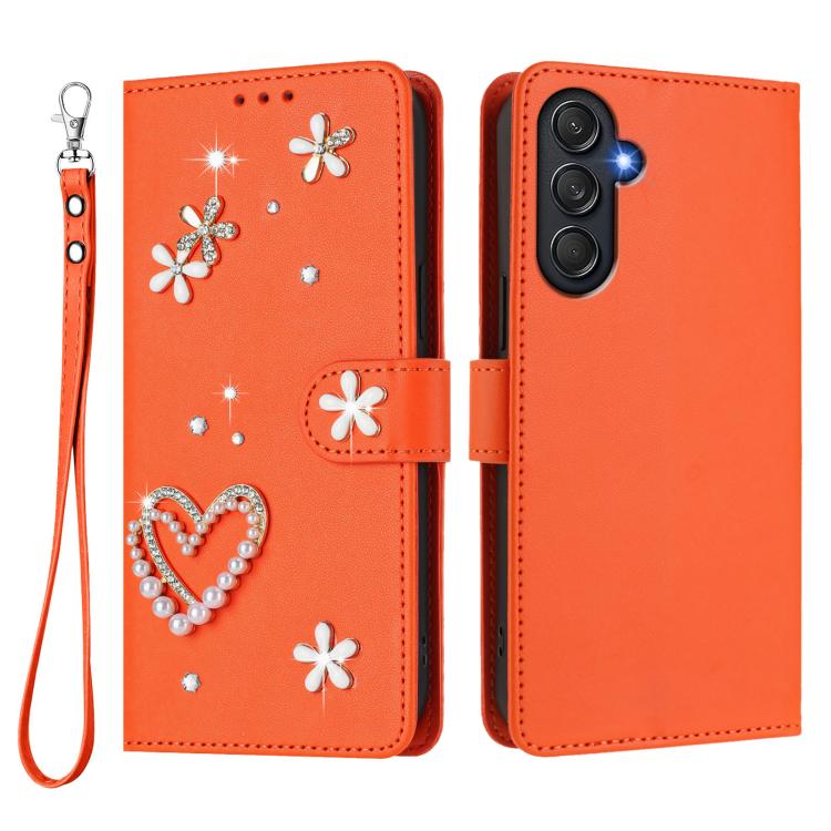 For Samsung Galaxy M54 5G / F54 5G ZS01 Double-Layer Heart Floral Vegan Leather Phone Case with Wrist Strap