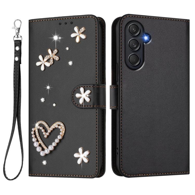 For Samsung Galaxy M54 5G / F54 5G ZS01 Double-Layer Heart Floral Vegan Leather Phone Case with Wrist Strap