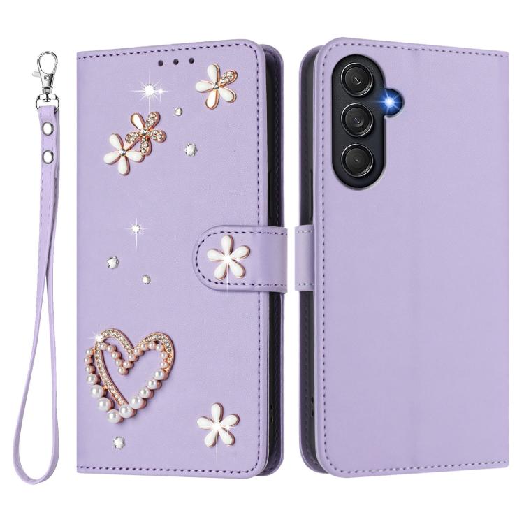 For Samsung Galaxy M54 5G / F54 5G ZS01 Double-Layer Heart Floral Vegan Leather Phone Case with Wrist Strap