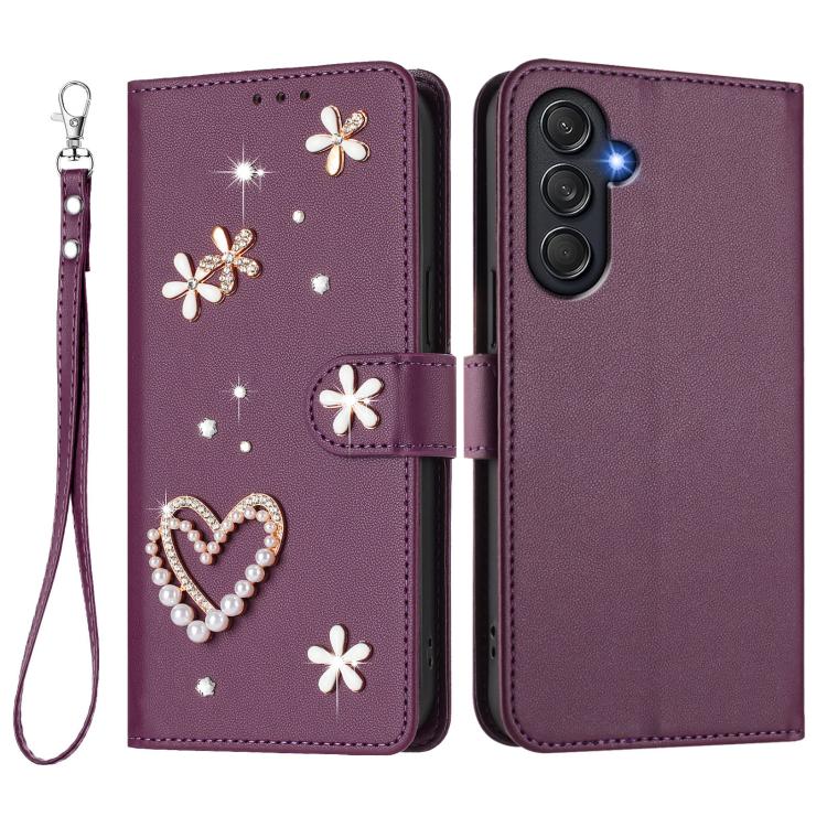 For Samsung Galaxy M54 5G / F54 5G ZS01 Double-Layer Heart Floral Vegan Leather Phone Case with Wrist Strap