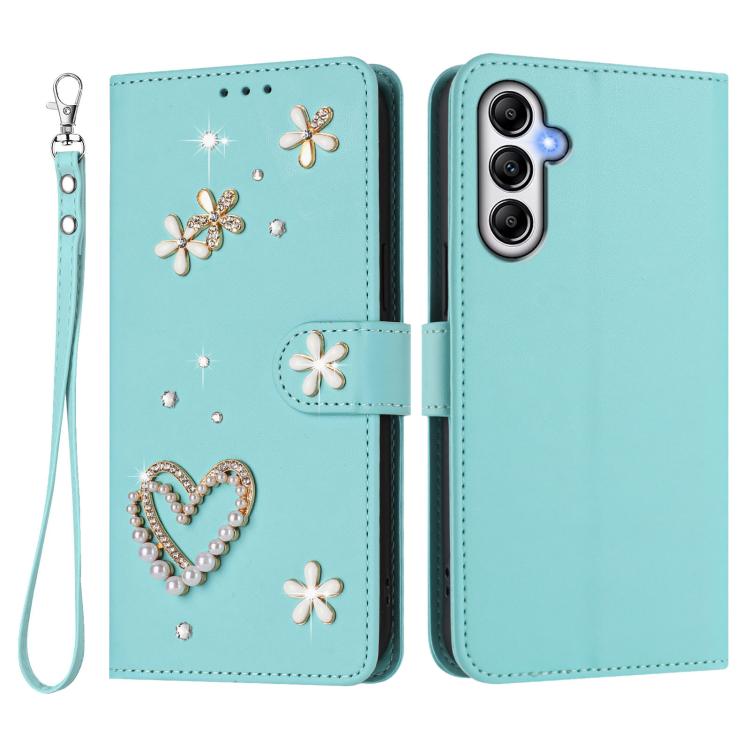For Samsung Galaxy M14 5G ZS01 Double-Layer Heart Floral Vegan Leather Phone Case with Wrist Strap