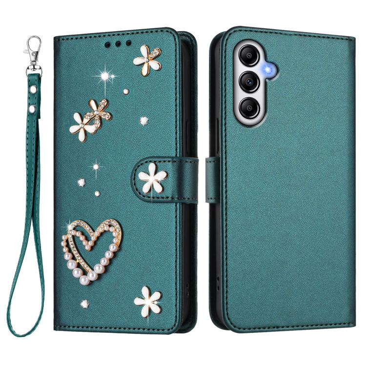 For Samsung Galaxy M14 5G ZS01 Double-Layer Heart Floral Vegan Leather Phone Case with Wrist Strap
