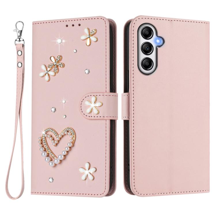 For Samsung Galaxy A54 5G ZS01 Double-Layer Heart Floral Vegan Leather Phone Case with Wrist Strap