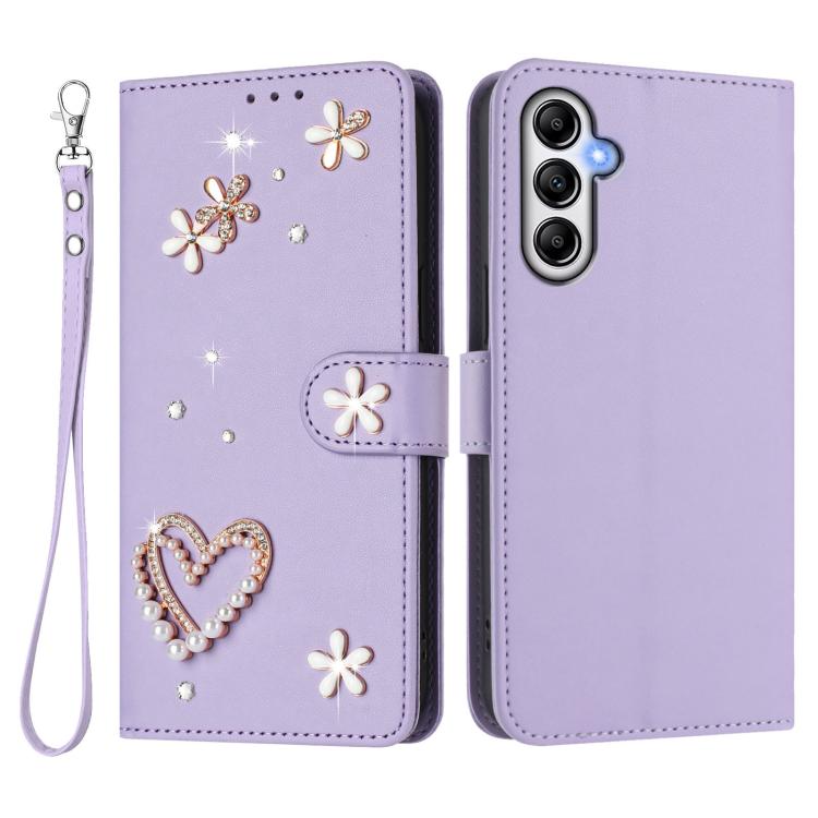 For Samsung Galaxy A54 5G ZS01 Double-Layer Heart Floral Vegan Leather Phone Case with Wrist Strap