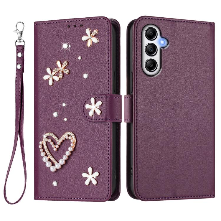 For Samsung Galaxy A54 5G ZS01 Double-Layer Heart Floral Vegan Leather Phone Case with Wrist Strap