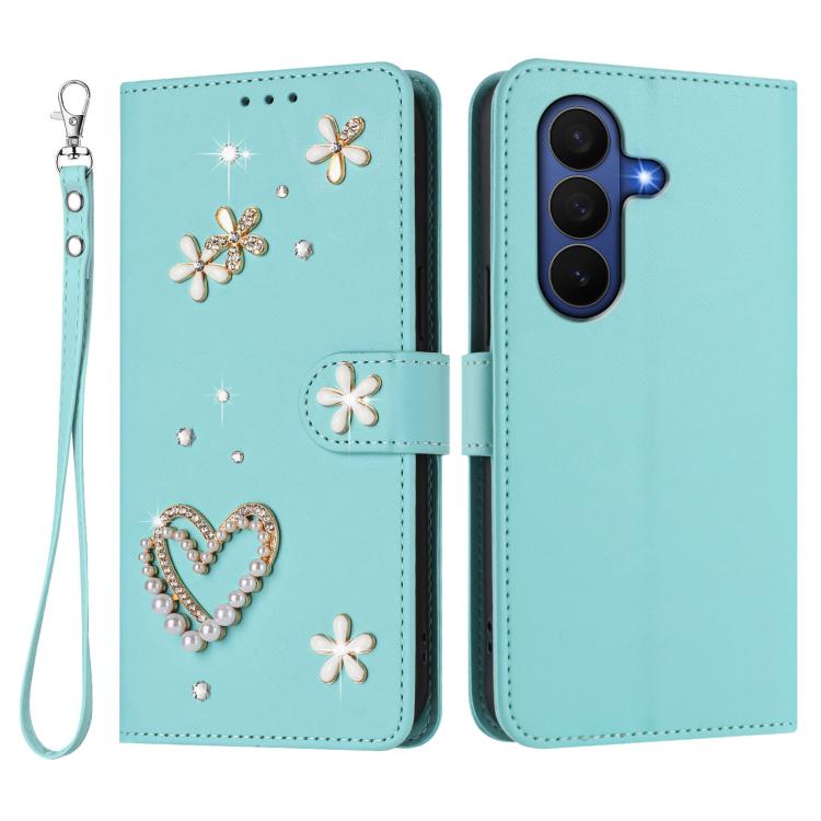 For Samsung Galaxy Z Fold7 5G ZS01 Double-Layer Heart Floral Vegan Leather Phone Case with Wrist Strap