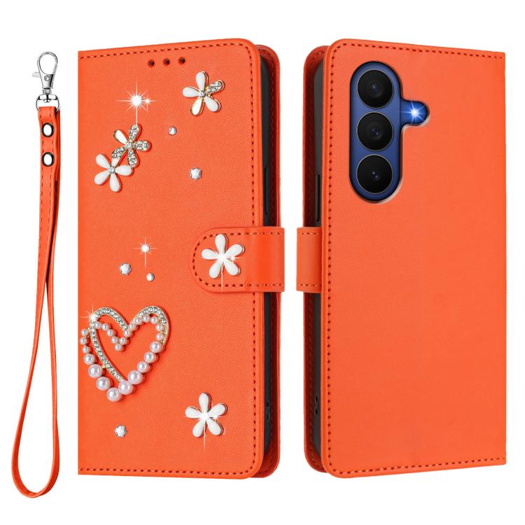 For Samsung Galaxy Z Fold7 5G ZS01 Double-Layer Heart Floral Vegan Leather Phone Case with Wrist Strap