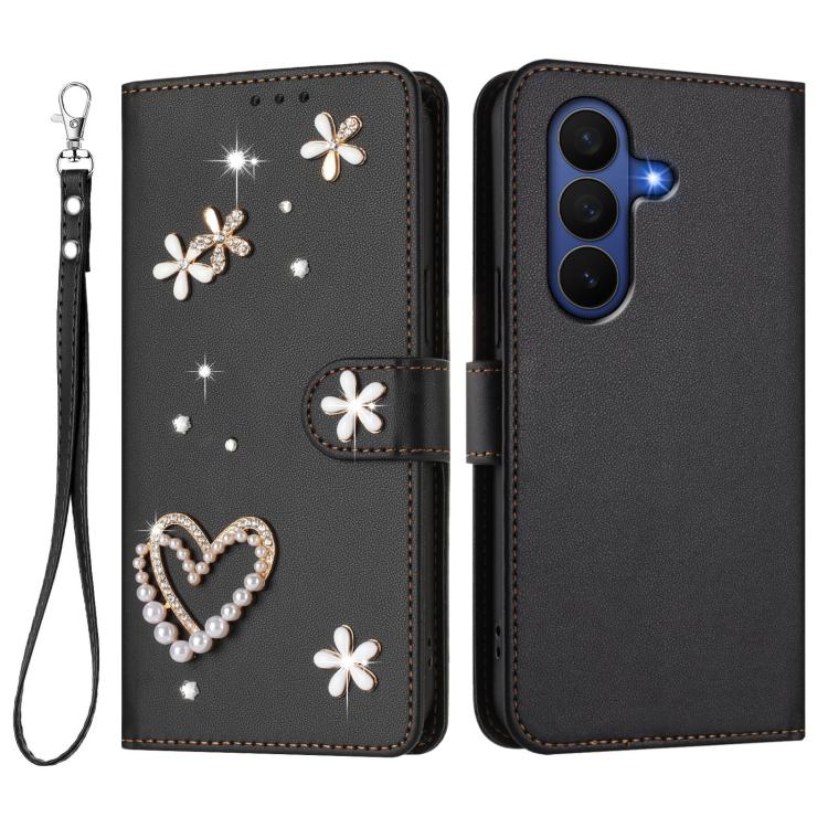 For Samsung Galaxy Z Fold7 5G ZS01 Double-Layer Heart Floral Vegan Leather Phone Case with Wrist Strap