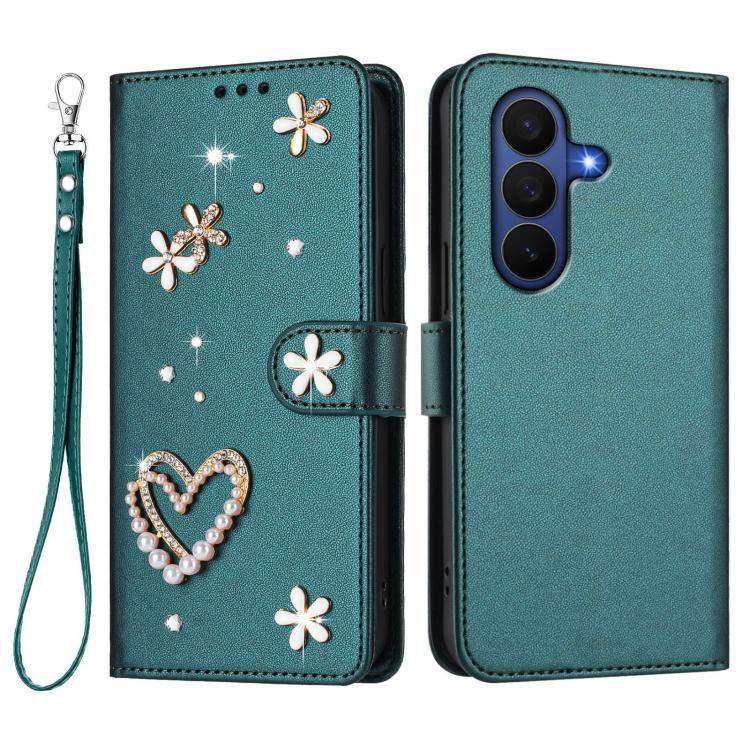 For Samsung Galaxy Z Fold7 5G ZS01 Double-Layer Heart Floral Vegan Leather Phone Case with Wrist Strap