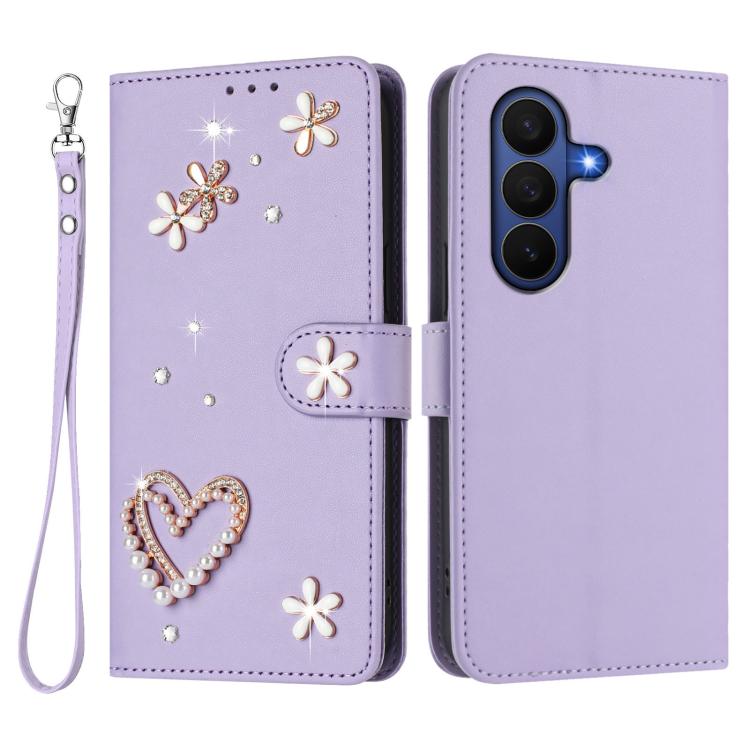 For Samsung Galaxy Z Fold7 5G ZS01 Double-Layer Heart Floral Vegan Leather Phone Case with Wrist Strap