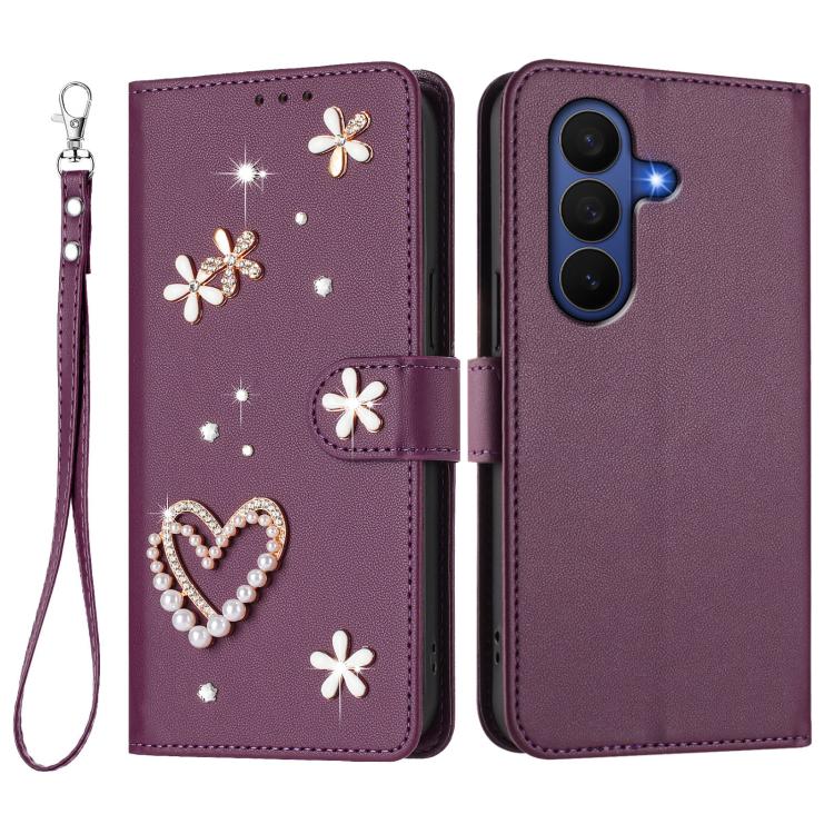For Samsung Galaxy Z Fold7 5G ZS01 Double-Layer Heart Floral Vegan Leather Phone Case with Wrist Strap