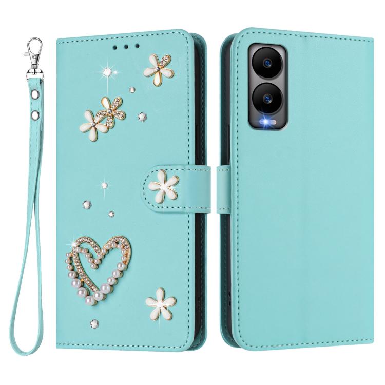 For Cricket Debut S3 ZS01 Double-Layer Heart Floral Vegan Leather Phone Case with Wrist Strap