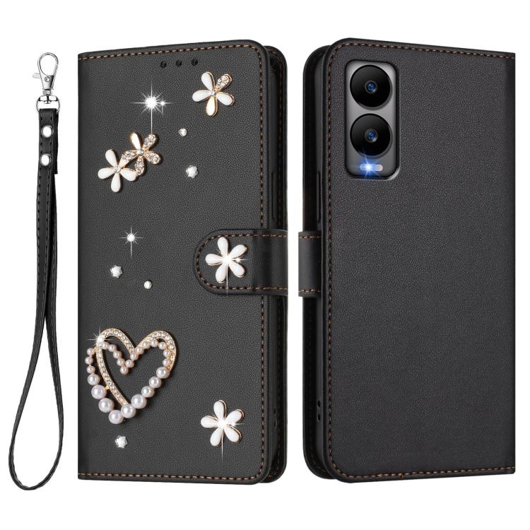 For Cricket Debut S3 ZS01 Double-Layer Heart Floral Vegan Leather Phone Case with Wrist Strap