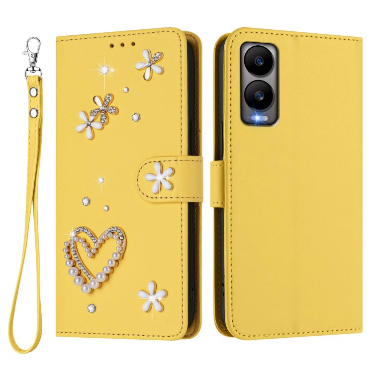 For Cricket Debut S3 ZS01 Double-Layer Heart Floral Vegan Leather Phone Case with Wrist Strap
