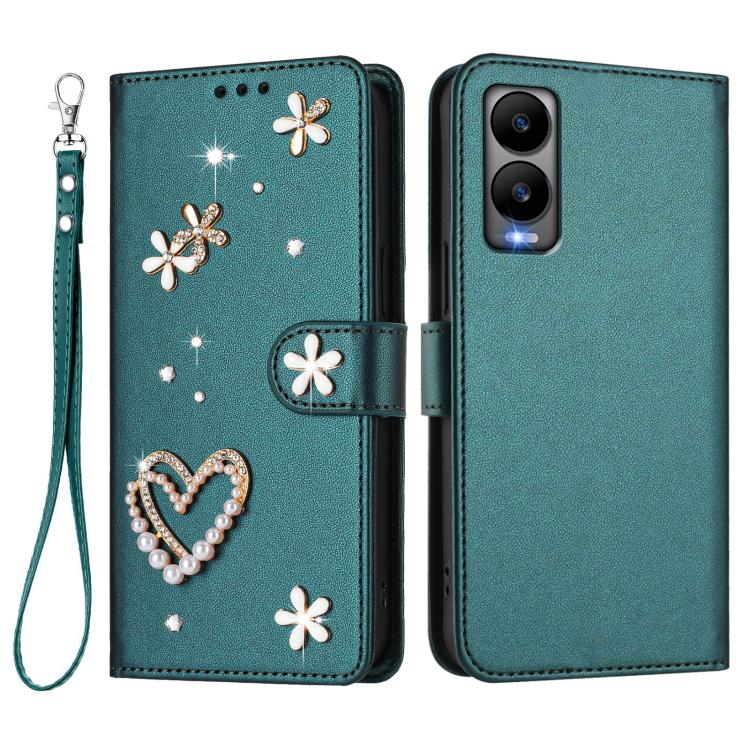 For Cricket Debut S3 ZS01 Double-Layer Heart Floral Vegan Leather Phone Case with Wrist Strap