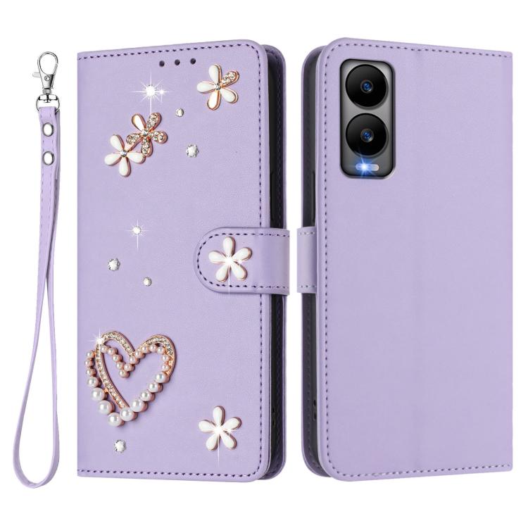 For Cricket Debut S3 ZS01 Double-Layer Heart Floral Vegan Leather Phone Case with Wrist Strap