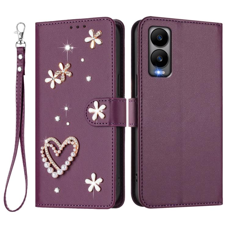 For Cricket Debut S3 ZS01 Double-Layer Heart Floral Vegan Leather Phone Case with Wrist Strap