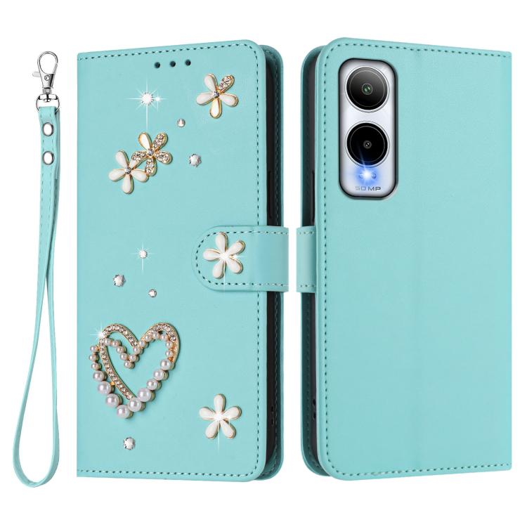 For Cricket Icon 6 SL219C ZS01 Double-Layer Heart Floral Vegan Leather Phone Case with Wrist Strap
