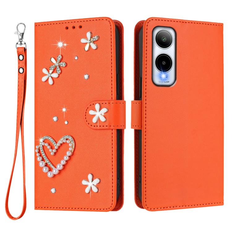 For Cricket Icon 6 SL219C ZS01 Double-Layer Heart Floral Vegan Leather Phone Case with Wrist Strap