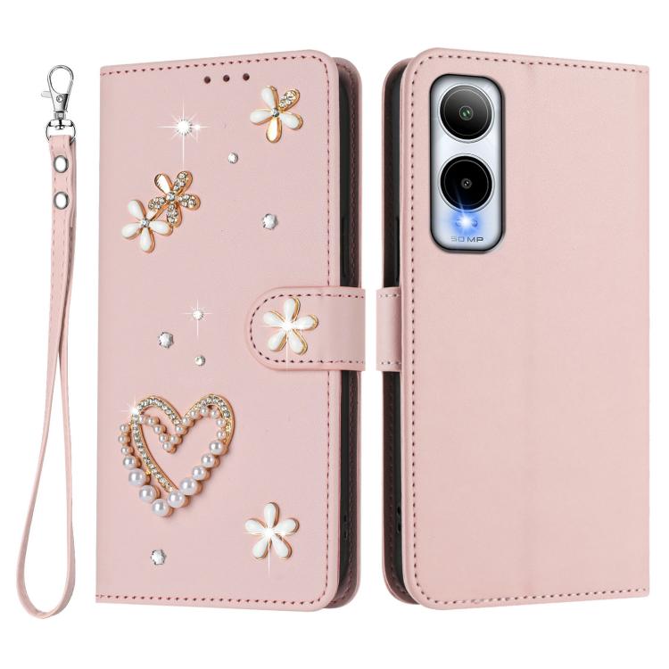 For Cricket Icon 6 SL219C ZS01 Double-Layer Heart Floral Vegan Leather Phone Case with Wrist Strap