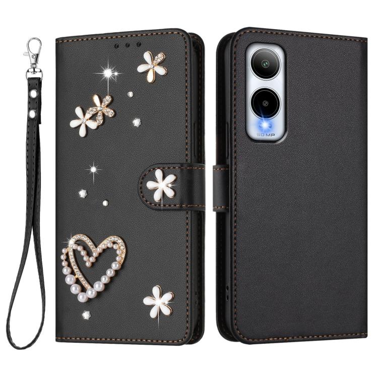For Cricket Icon 6 SL219C ZS01 Double-Layer Heart Floral Vegan Leather Phone Case with Wrist Strap