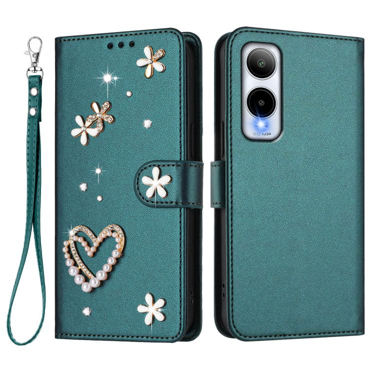 For Cricket Icon 6 SL219C ZS01 Double-Layer Heart Floral Vegan Leather Phone Case with Wrist Strap