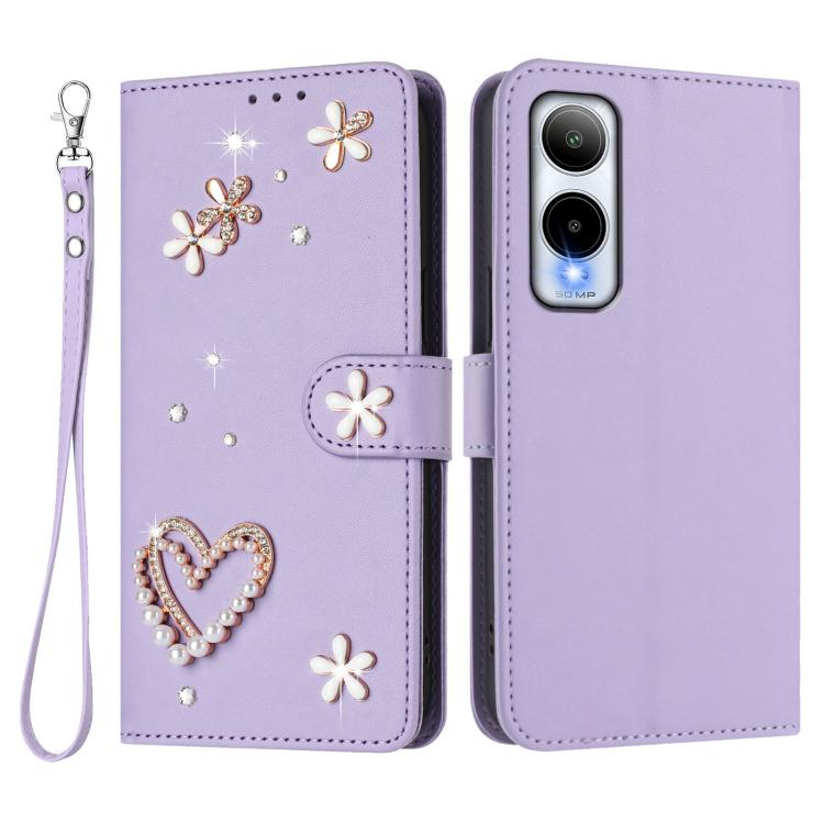 For Cricket Icon 6 SL219C ZS01 Double-Layer Heart Floral Vegan Leather Phone Case with Wrist Strap