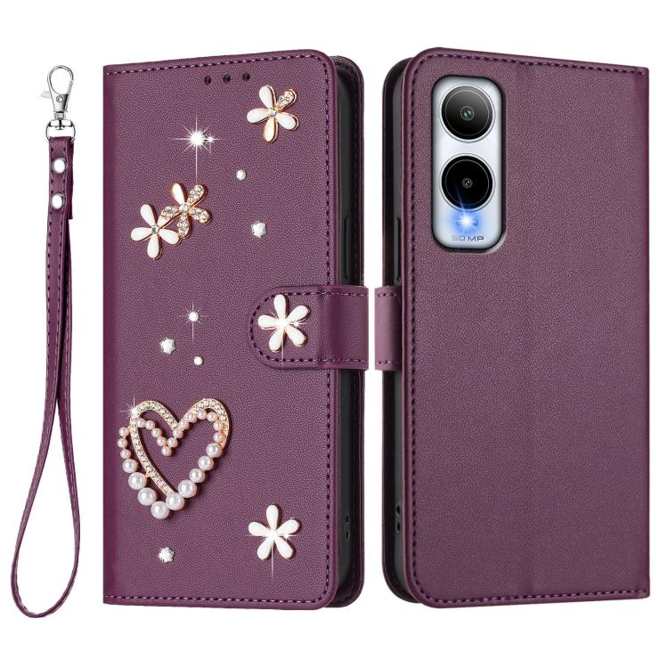For Cricket Icon 6 SL219C ZS01 Double-Layer Heart Floral Vegan Leather Phone Case with Wrist Strap